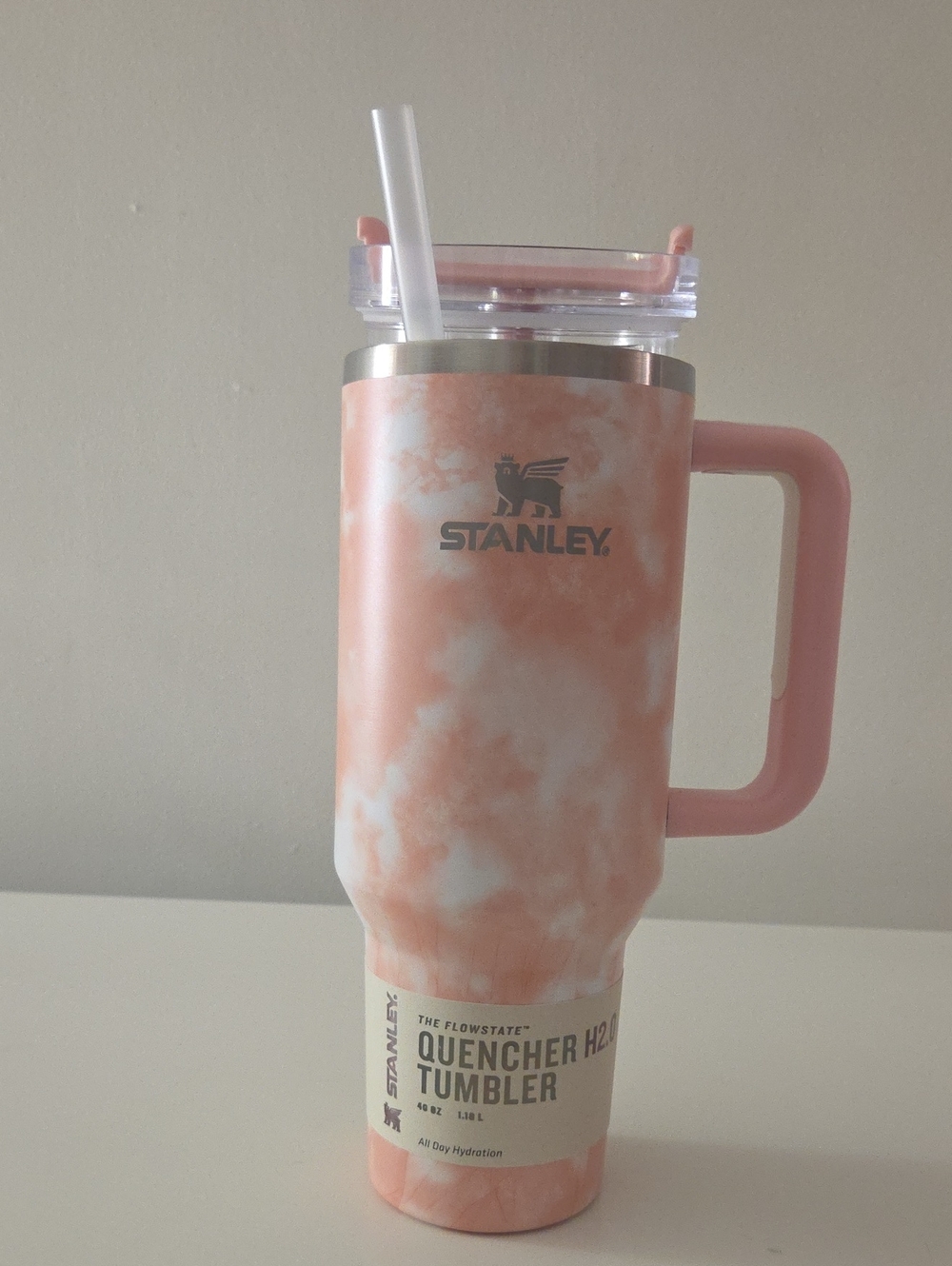 Stanley FlowState Tumbler 40 Oz - Peach Tie Dye With A Pink Lid And Handle - Picture 4 of 10
